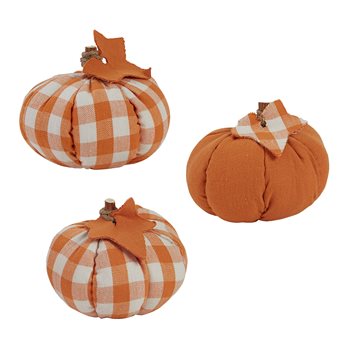 Set Of 3 Small Orange And Cream Check Pumpkins