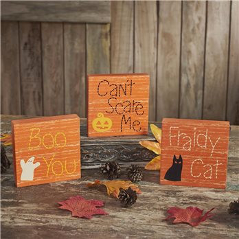 Boo You Can't Scare Me Fraidy Cat MDF Blocks Set of 3 5x5x1