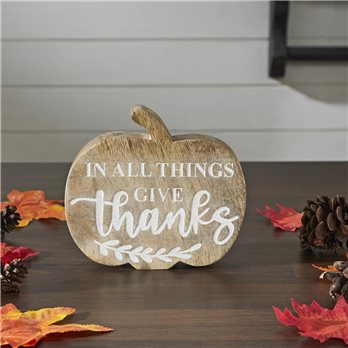 In All Things Give Thanks Pumpkin Shaped Wood Decor 6.75x6.5x1.25