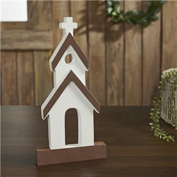 Brown Roof White Church Wooden Figurine 12x6x1