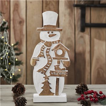 Snowman With Welcome Sign Carved Wooden Figurine 16x7x2.25