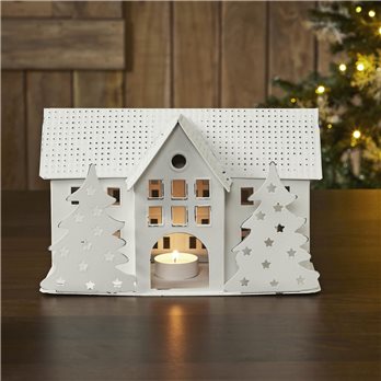 Tealight Holder Metal Village House B Antique White 6.75x10.5x5.5