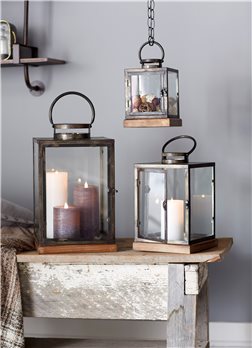 Metal Box Lantern with Wood Base (Set of 3)