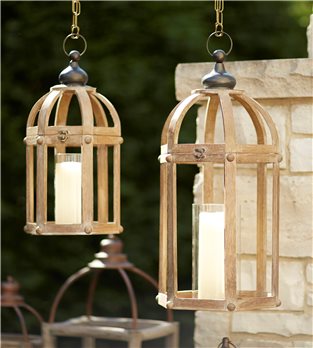 Open Wood Lantern with Glass Hurricane (Set of 2)