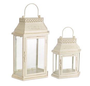 Ivory Metal Lantern with Embellished Lid (Set of 2)