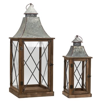 Rustic Wood Lantern with Galvanized Metal Lid (Set of 2)