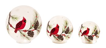 LED Frosted Glass Cardinal and Pine Orb (Set of 3)