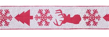 Red and White Deer and Tree Wired Ribbon (Set of 2)