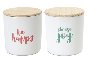 Stoneware Happy Sentiment Canister with Wood Lid (Set of 2)