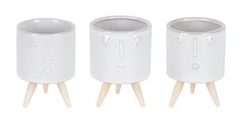 Porcelain Face Planter with Wooden Legs (Set of 3)