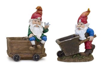 Garden Gnome Figurine with Wagon and Wheelbarrow (Set of 2)