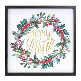 Framed Merry Christmas Wreath Print 15.75"SQ