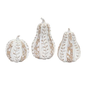 White Washed Wood Design Pumpkin with Leaf Pattern (Set of 3)