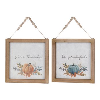 Wood Beaded Hanging Harvest Grateful Thankful Sentiment (Set of 2)