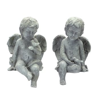 Sitting Cherub Angel Figurine with Bird Accent (Set of 2)