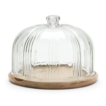 Glass Cloche with Wood Plate 10.5"D