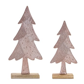 Etched Metal Pine Tree on Wood Base (Set of 2)