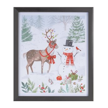 Framed Snowman and Deer Print 11"H