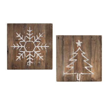 Distressed Wood Snowflake and Tree Block (Set of 2)