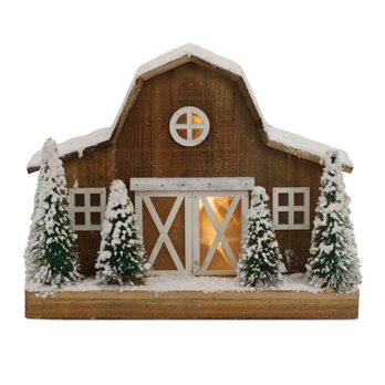 LED Flocked Winter Barn Display 13.75"H