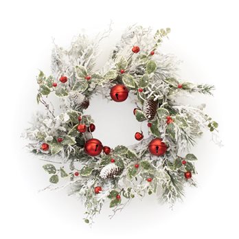 Flocked Pine Holly Wreath with Sleigh Bells 22"D