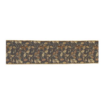 Grey and Gold Leaf Print Wired Ribbon 4" x 5yds