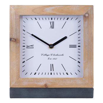 Square Fir Wood Clock Under Glass 9"H