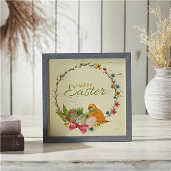 Bunny Hop Happy Easter Chick &amp; Wreath MDF Wall Sign 12x12x0.5