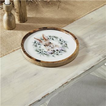 Bunny Hop Wooden Plate Natural w/ Bunny &amp; Wreath 10 inch Diameter