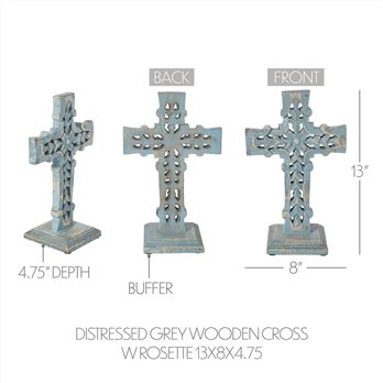 Distressed Grey Wooden Cross w/ Rosette Center &amp; Base 13x8x5