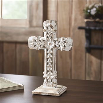 Natural &amp; Distressed White Wooden Cross w/ Rosette Center &amp; Base 13x8x5