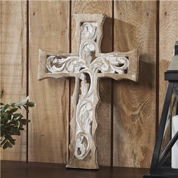 Natural &amp; Distressed White Wooden Cross Wall Hanging 18x12