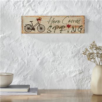 Spring In Bloom Here Comes Spring w/ Bicycle &amp; Tulip MDF Wall Sign 4x14x0.75