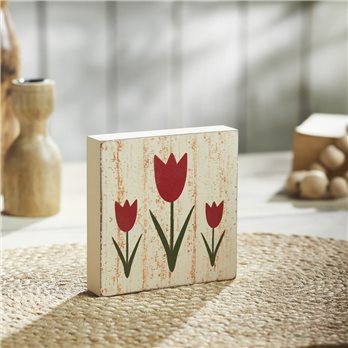 Spring In Bloom Red Tulips Distressed Antique White MDF Block Sign 5x5x1