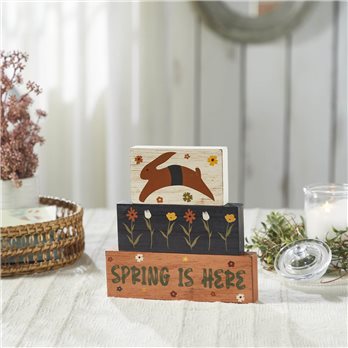 Spring In Bloom Spring Is Here Bunny Leap w/ Flowers MDF Block Sign Set of 3 Sizes