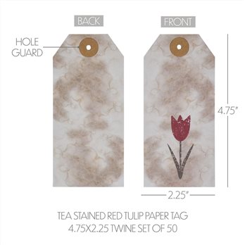 Spring In Bloom Tea Stained Red Tulip Paper Tag 4.75x2.25 w/ Twine Set of 50