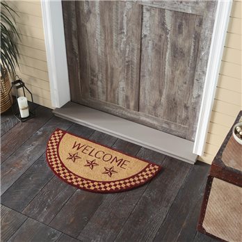 Burgundy Check Stars Coir Welcome Rug Half Circle 16.5x33