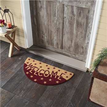 Burgundy Tan Stars Coir Welcome Rug Half Circle 16.5x33