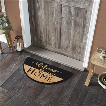 Welcome To Our Home Black Tan Coir Rug Half Circle 16.5x33