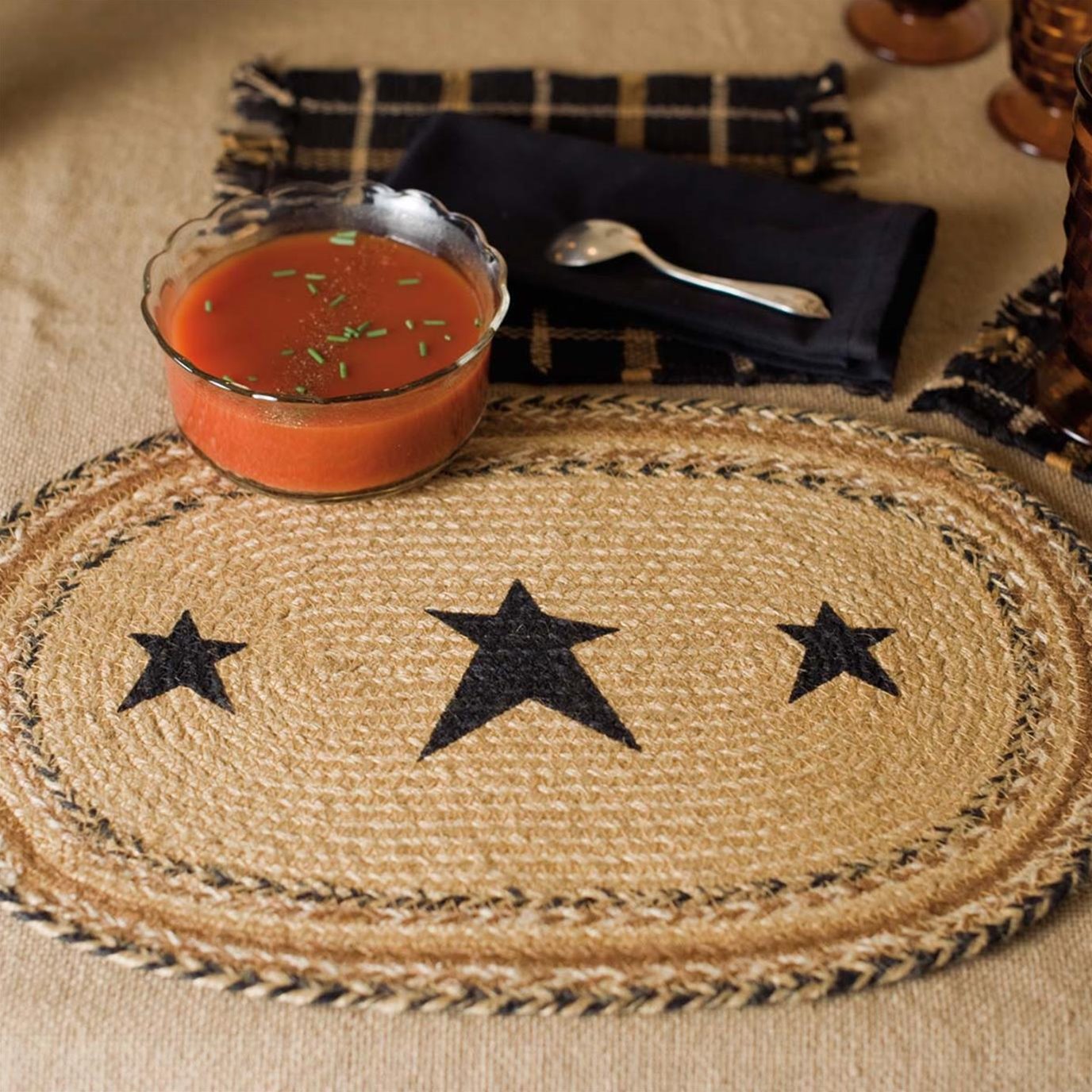 Primitive Placemat Kettle Grove Jute Black Tan Braided Table Decor