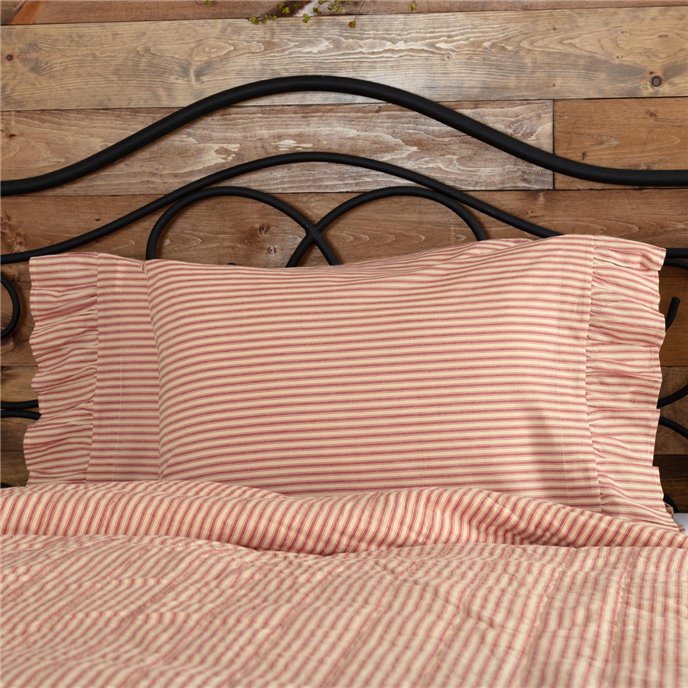 Sawyer Mill Red Ticking Stripe Ruffled Standard Pillow Case Set of 2 21x30 Thumbnail