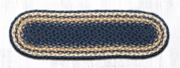 Lt. Blue/Dk. Blue/Mustard Oval Braided Stair Tread 27"x8.25" Thumbnail