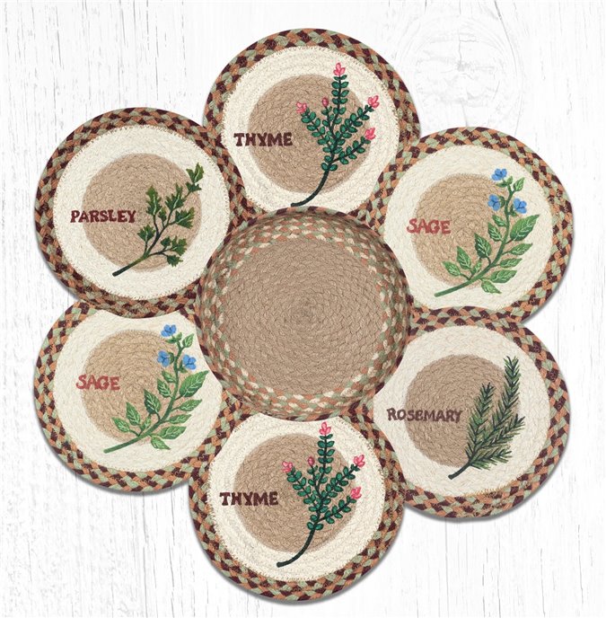 Herb Set Braided Trivets in a Basket 10"x10", Set of 6 Thumbnail