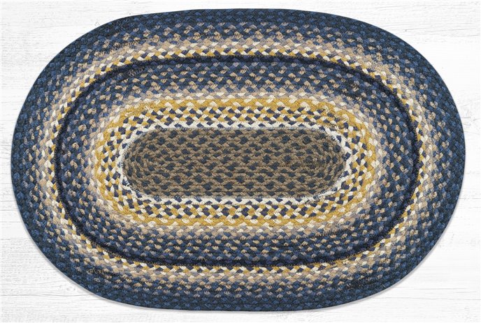 Deep Blue/Golden Rod/Cream Oval Braided Rug 20"x30" Thumbnail