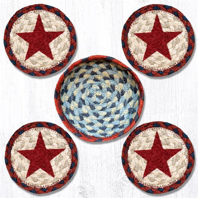 Red Star Braided Coasters in a Basket 5"x5" Set of 4 Thumbnail