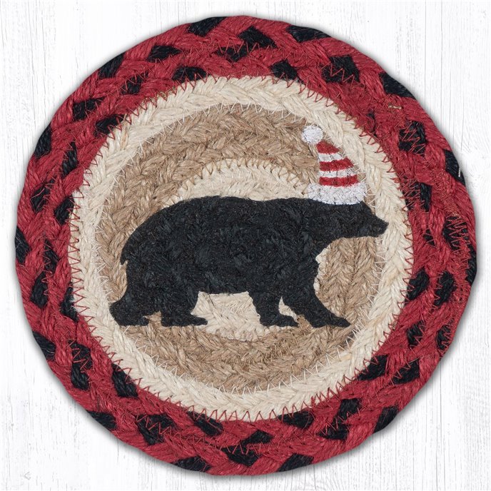 Bear Red Stripe Hat Round Large Braided Coaster 7"x7" Set of 4 Thumbnail