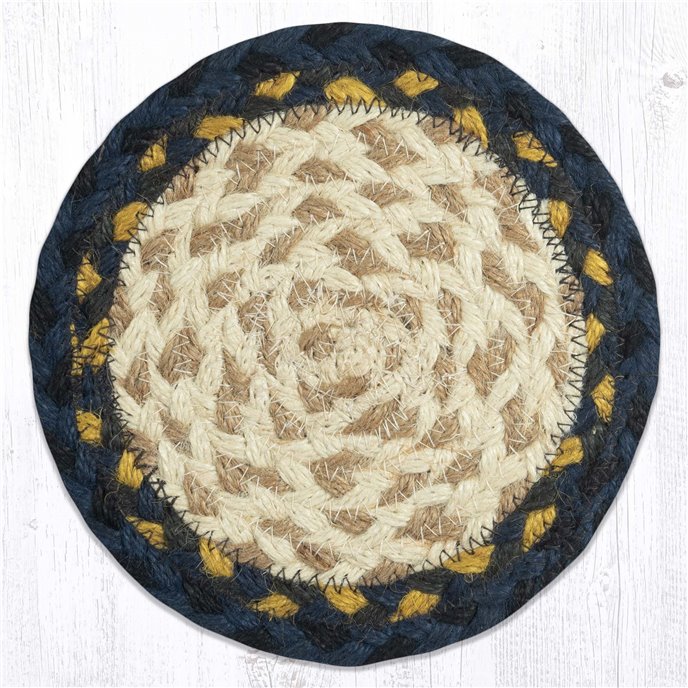 Lt. Blue/Dk. Blue/Mustard Jute Large Coaster 7"x7" Set of 4 Thumbnail