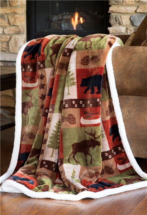 Carstens Patchwork Lodge Rustic Cabin Sherpa Throw Blanket Thumbnail