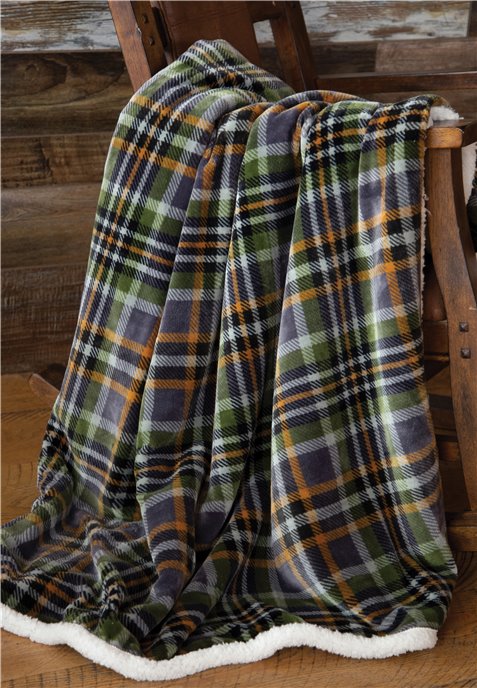 Orange Sage Striped Plaid Sherpa Throw Blanket 54" x 68" Thumbnail