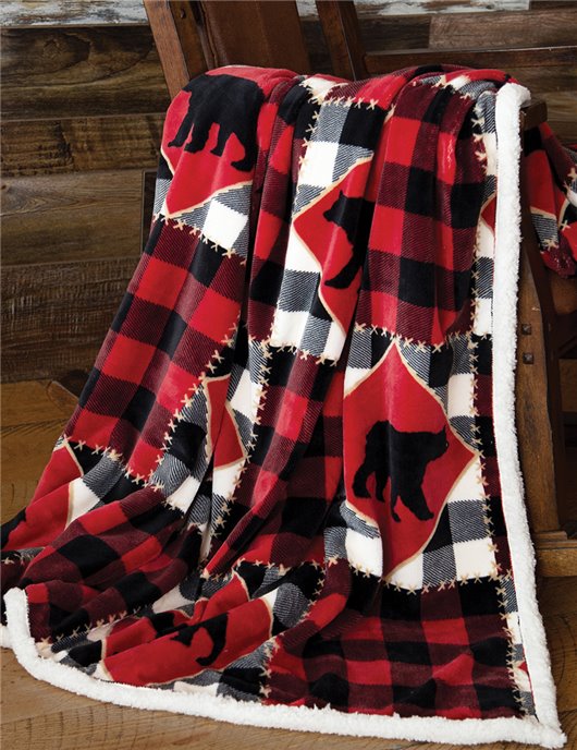 Lumberjack Bear Red Plaid Sherpa Throw Blanket 54" x 68" Thumbnail